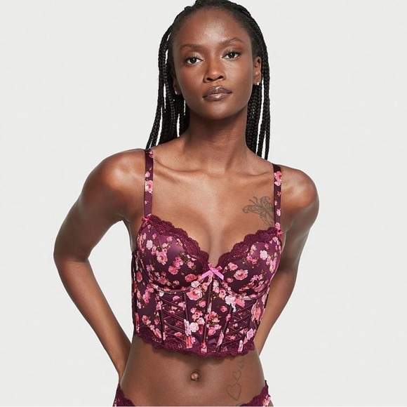 NWT Victoria’s Secret Dream Angels Burgundy Floral Lace Up Corset Bra Top Sz 32C - Picture 2 of 11